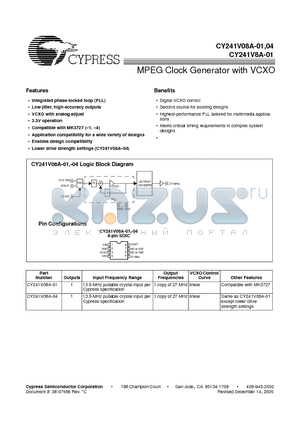 CY241V08ASC-01 datasheet - MPEG Clock Generator with VCXO