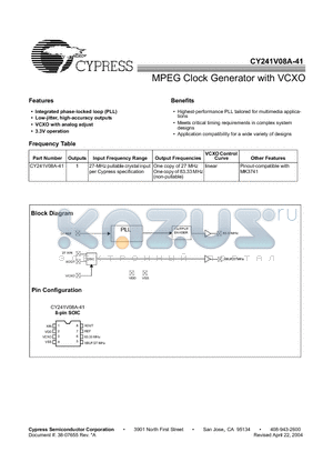 CY241V08ASC-41T datasheet - MPEG Clock Generator with VCXO