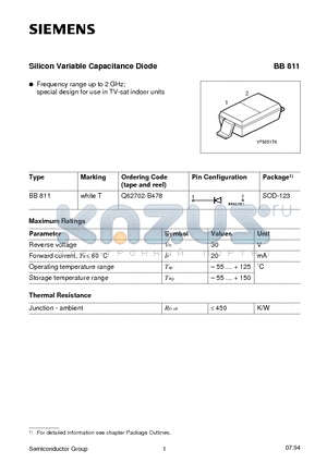 BB811 datasheet - Silicon Variable Capacitance Diode (Frequency range up to 2 GHz; special design for use in TV-sat indoor units)