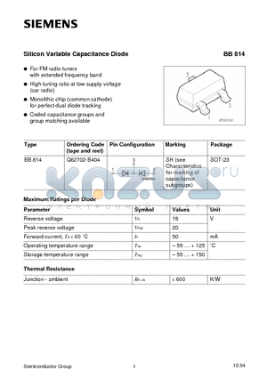 BB814 datasheet - Silicon Variable Capacitance Diode (For FM radio tuners with extended frequency band High tuning ratio at low supply voltage (car radio)