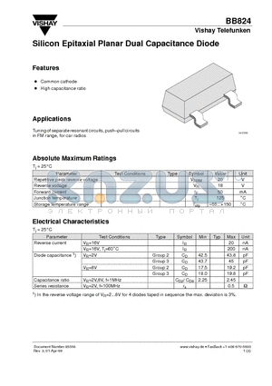 BB824 datasheet - Silicon Epitaxial Planar Dual Capacitance Diode