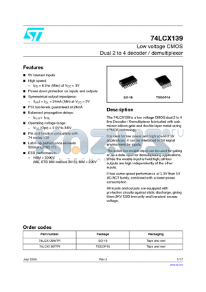 74LCX139TTR datasheet - Low voltage CMOS Dual 2 to 4 decoder / demultiplexer