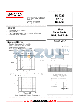 DL4733 datasheet - 1 Watt Zener Diode 3.3 to 100 Volts