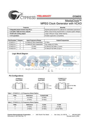 CY24212SC-2T datasheet - MediaClock MPEG Clock Generator with VCXO