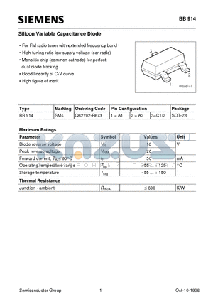 BB914 datasheet - Silicon Variable Capacitance Diode (For FM radio tuner with extended frequency band High tuning ratio low supply voltage car radio)