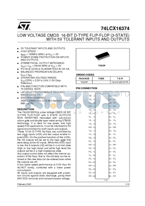 74LCX16374TTR datasheet - LOW VOLTAGE CMOS 16-BIT D-TYPE FLIP-FLOP (3-STATE) WITH 5V TOLERANT INPUTS AND OUTPUTS