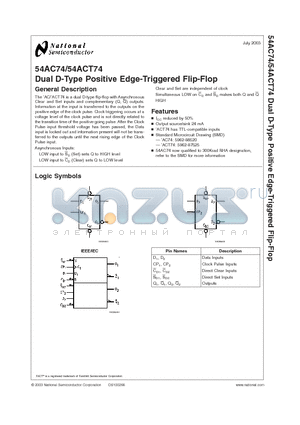 54AC74 datasheet - Dual D-Type Positive Edge-Triggered Flip-Flop