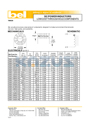 0581-0186-25 datasheet - DC POWER INDUCTORS LOW COST THROUGH HOLE COMPONENTS