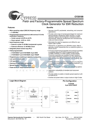 CY25100 datasheet - Field- and Factory-Programmable Spread Spectrum Clock Generator for EMI Reduction