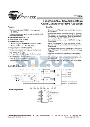 CY25200 datasheet - Programmable Spread Spectrum Clock Generator for EMI Reduction