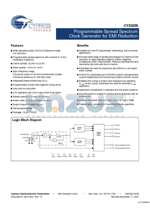 CY25200 datasheet - Programmable Spread Spectrum Clock Generator for EMI Reduction