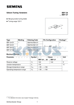 BBY24-S1 datasheet - Silicon Tuning Varactors (Abrupt junction tuning diode Tuning range 120 V)