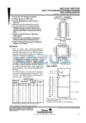 54ACT11253 datasheet - DUAL 1-OF-4 DATA SELECTORS/MULTIPLEXERS WITH 3-STATE OUTPUTS