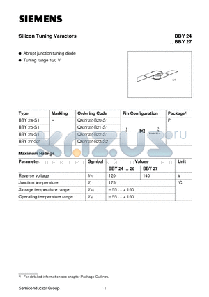 BBY26-S1 datasheet - Silicon Tuning Varactors (Abrupt junction tuning diode Tuning range 120 V)