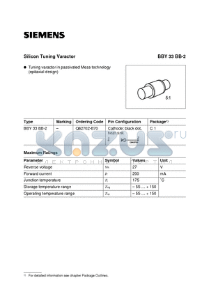 BBY33BB-2 datasheet - Silicon Tuning Varactor (Tuning varactor in passivated Mesa technology epitaxial design)