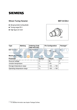 BBY33DA-2 datasheet - Silicon Tuning Varactor (Abrupt junction tuning diode Tuning range 25 V High figure of merit)