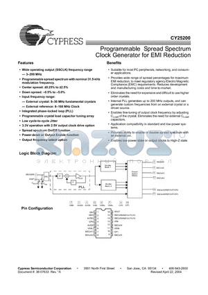 CY25200ZXC datasheet - Programmable Spread Spectrum Clock Generator for EMI Reduction