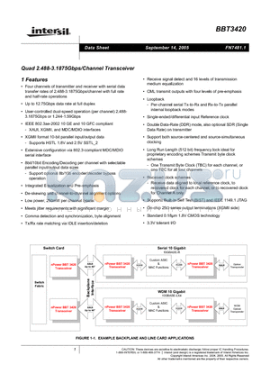 BBT3420 datasheet - Quad 2.488-3.1875Gbps/Channel Transceiver