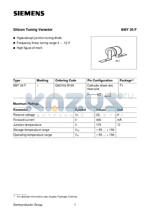 BBY35F datasheet - Silicon Tuning Varactor (Hyperabrupt junction tuning diode Frequency linear tuning range 4  12 V)