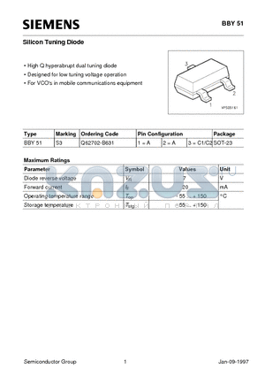 BBY51 datasheet - Silicon Tuning Diode (High Q hyperabrupt dual tuning diode Designed for low tuning voltage operation)