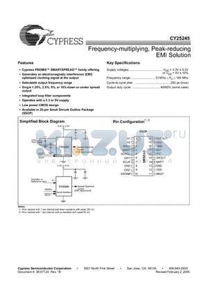 CY25245PVCT datasheet - Frequency-multiplying, Peak-reducing EMI Solution