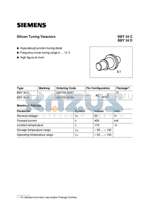 BBY34D datasheet - Silicon Tuning Varactors (Hyperabrupt junction tuning diode Frequency linear tuning range 4  12 V)