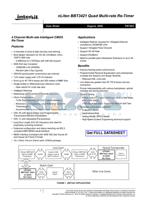 BBT3421 datasheet - 4 Channel Multi-rate Intelligent CMOS Re-Timer