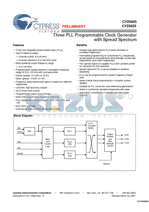 CY25403FSXC datasheet - Three PLL Programmable Clock Generator with Spread Spectrum