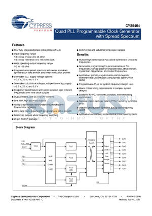 CY25404ZXI-XXXT datasheet - Quad PLL Programmable Clock Generator with Spread Spectrum