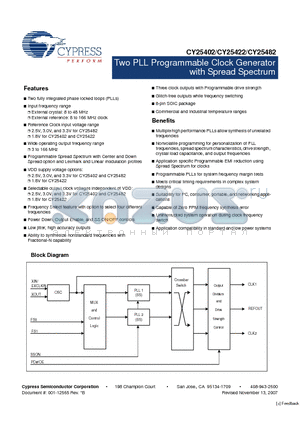 CY25402SXC-XXX datasheet - Two PLL Programmable Clock Generator with Spread Spectrum