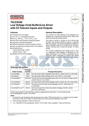 74LCX540BQX datasheet - Low Voltage Octal Buffer/Line Driver with 5V Tolerant Inputs and Outputs