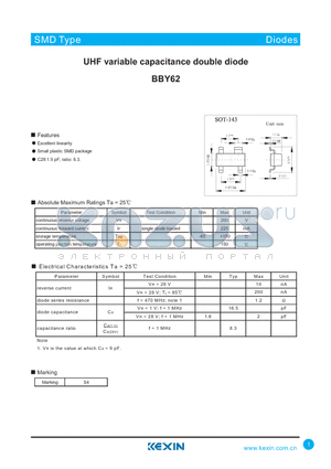 BBY62 datasheet - UHF variable capacitance double diode