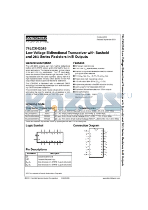 74LCXH2245 datasheet - Low Voltage Bidirectional Transceiver with Bushold and 26 Series Resistors in B Outputs