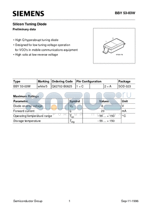 BBY53-03W datasheet - Silicon Tuning Diode (High Q hyperabrupt tuning diode Designed for low tuning voltage operation)