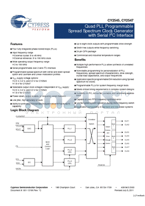 CY2545IXXXT datasheet - Quad PLL Programmable Spread Spectrum Clock Generator with Serial I2C Interface