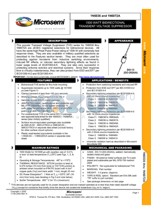 1N6062A datasheet - 1500 WATT BIDIRECTIONAL TRANSIENT VOLTAGE SUPPRESSOR