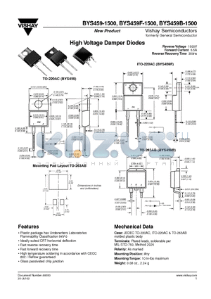 BYS459F-1500 datasheet - High Voltage Damper Diodes