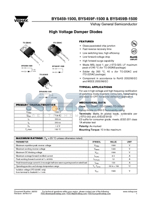 BYS459F-1500-E3/45 datasheet - High Voltage Damper Diodes