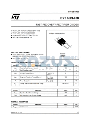 BYT08PI-400_98 datasheet - FAST RECOVERY RECTIFIER DIODES