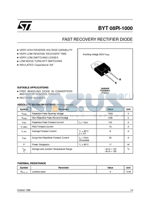 BYT08PI-1000 datasheet - FAST RECOVERY RECTIFIER DIODE