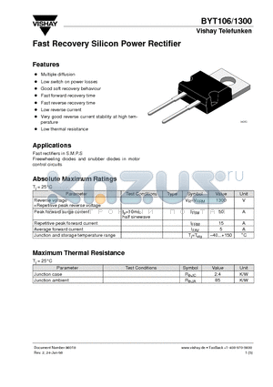 BYT106-1300 datasheet - Fast Recovery Silicon Power Rectifier