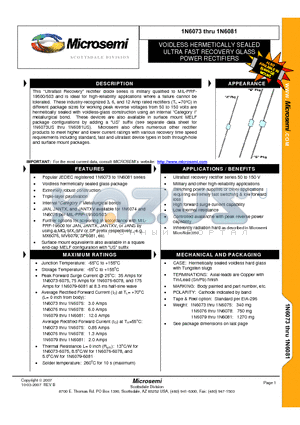 1N6073_07 datasheet - VOIDLESS HERMETICALLY SEALED ULTRA FAST RECOVERY GLASS POWER RECTIFIERS