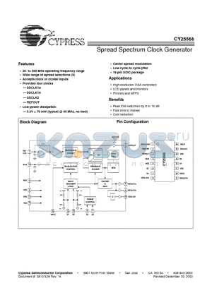 CY25566 datasheet - Spread Spectrum Clock Generator