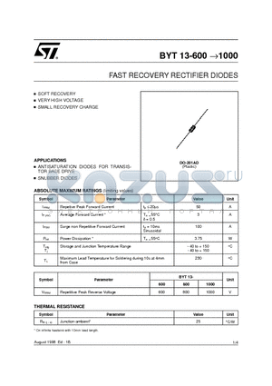 BYT13-1000 datasheet - FAST RECOVERY RECTIFIER DIODES