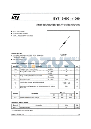 BYT13-600 datasheet - FAST RECOVERY RECTIFIER DIODES