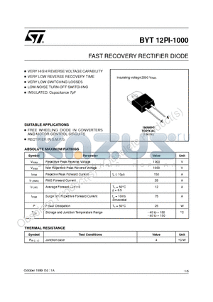 BYT12PI datasheet - FAST RECOVERY RECTIFIER DIODE