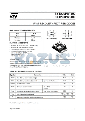 BYT230PIV-400 datasheet - FAST RECOVERY RECTIFIER DIODES