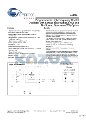 CY25701_06 datasheet - Programmable High-Frequency Crystal Oscillator with Spread Spectrum (SSXO) and No-Spread Spectrum (XO) Option