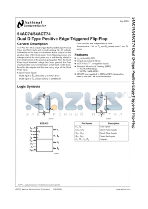 54ACT74 datasheet - Dual D-Type Positive Edge-Triggered Flip-Flop