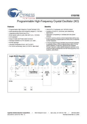 CY25702LXIZZZT datasheet - Programmable High-Frequency Crystal Oscillator (XO)